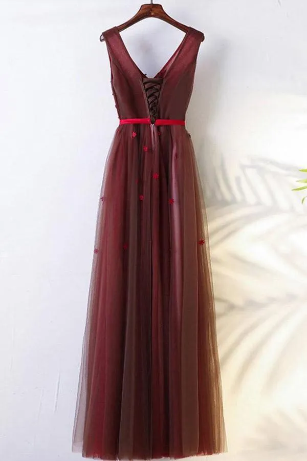 A-Line Crew Floor-Length Burgundy Tulle Belt Prom Dress with Appliques  PG702