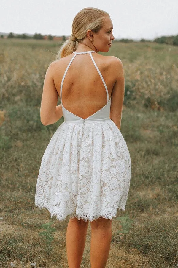 A-Line Ivory Lace Halter Neckline Backless Short Homecoming Dress PD449