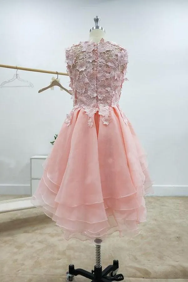 A-line Lace Bateau Neckline Pink Homecoming Dresses With Appliques PD429