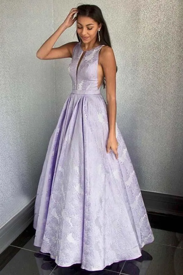 A-Line Round Neck Floor-Length Lilac Printed Prom/Evening Dress  PG986