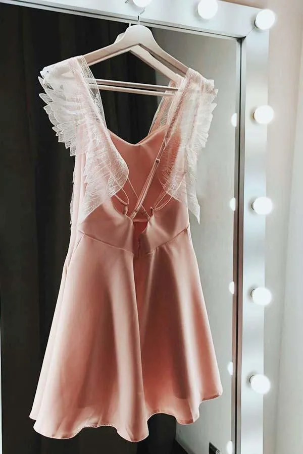 A-Line Spaghetti Straps Short Pink Satin Homecoming Dress with Lace PD018