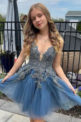 A Line Spaghetti Straps Tulle Short Grey Blue Homecoming Dress PD527