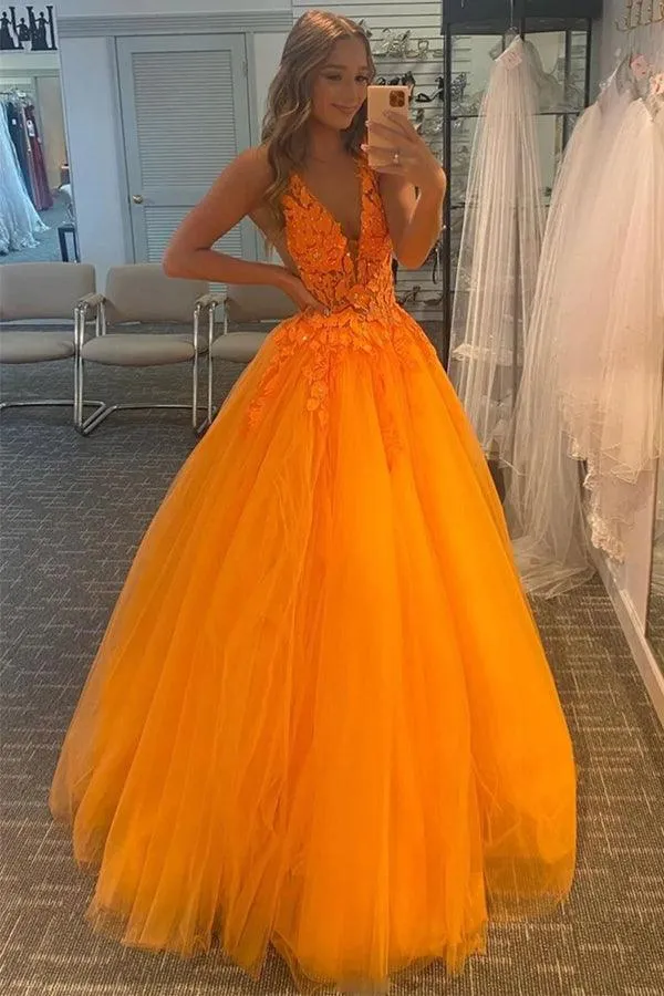 A-Line V-Neck Orange Long Prom Dress With Lace Appliques PSK350