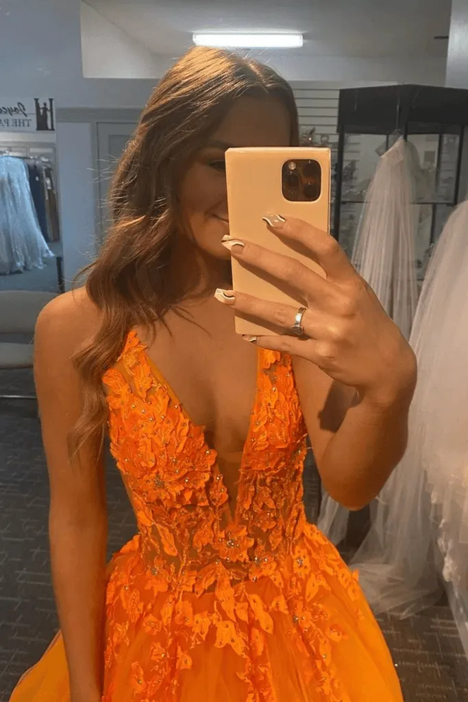 A-Line V-Neck Orange Long Prom Dress With Lace Appliques PSK350