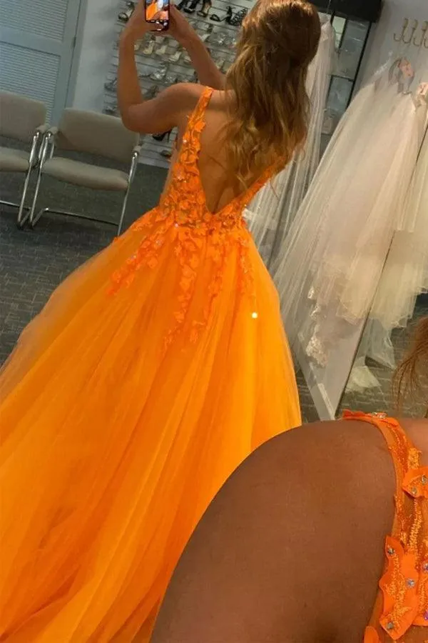 A-Line V-Neck Orange Long Prom Dress With Lace Appliques PSK350