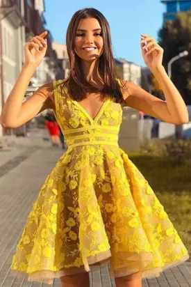 A-line V-neck Sleeveless Short Yellow Homecoming Dress  PD381