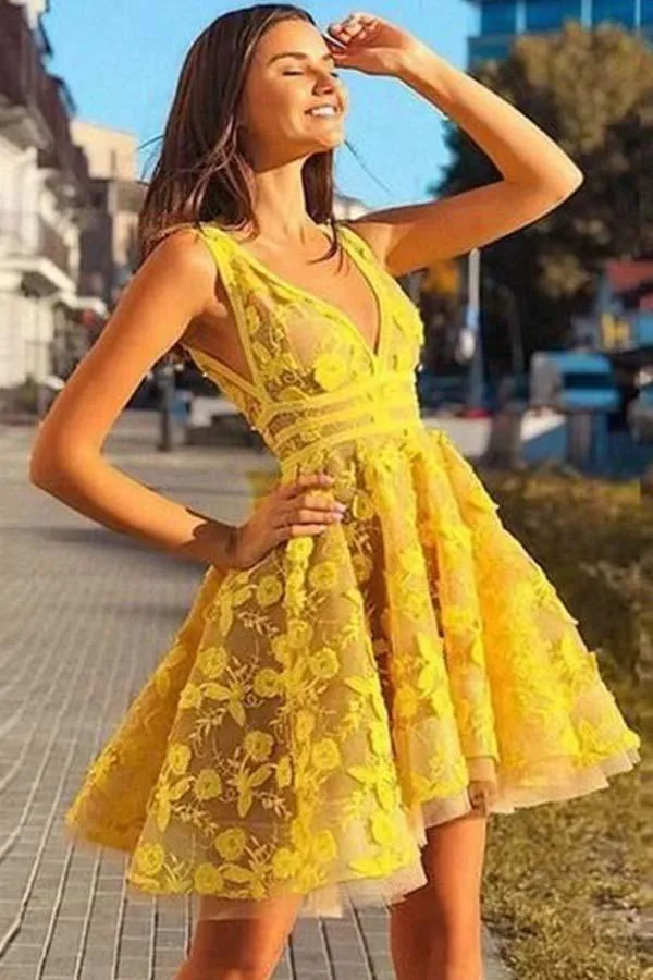 A-line V-neck Sleeveless Short Yellow Homecoming Dress  PD381