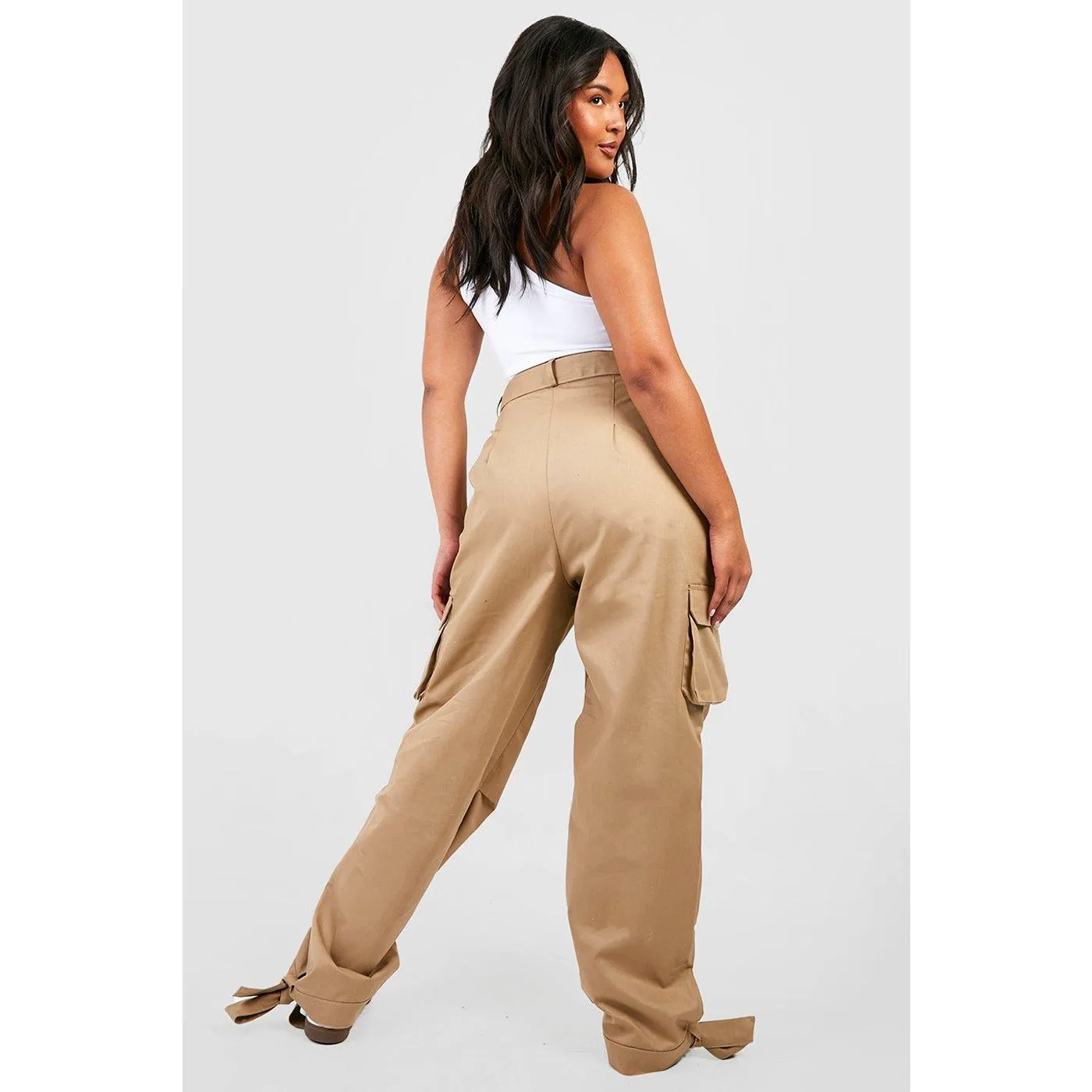 Beige Ankle Tie Cargo Trousers