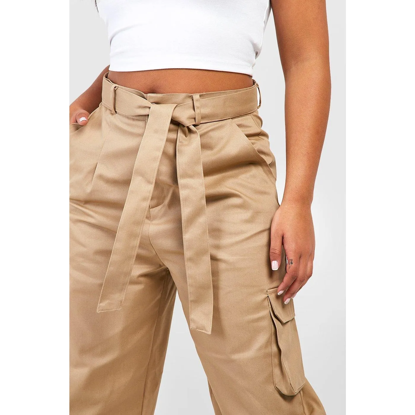 Beige Ankle Tie Cargo Trousers