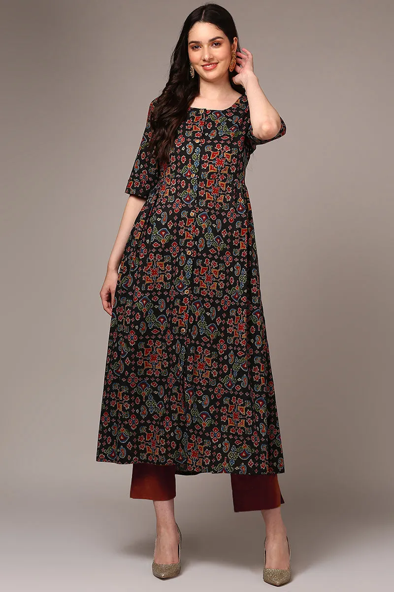 Black Cotton Ikat Printed Flared Kurta