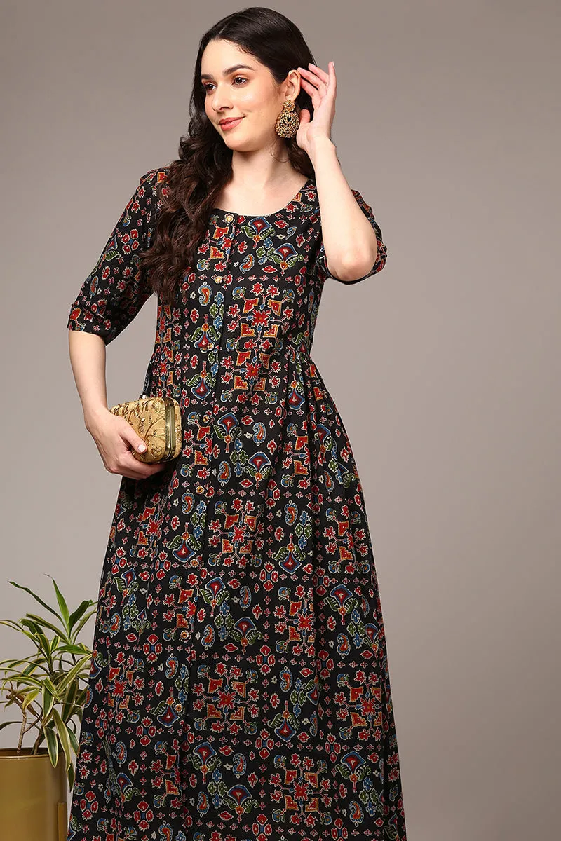 Black Cotton Ikat Printed Flared Kurta