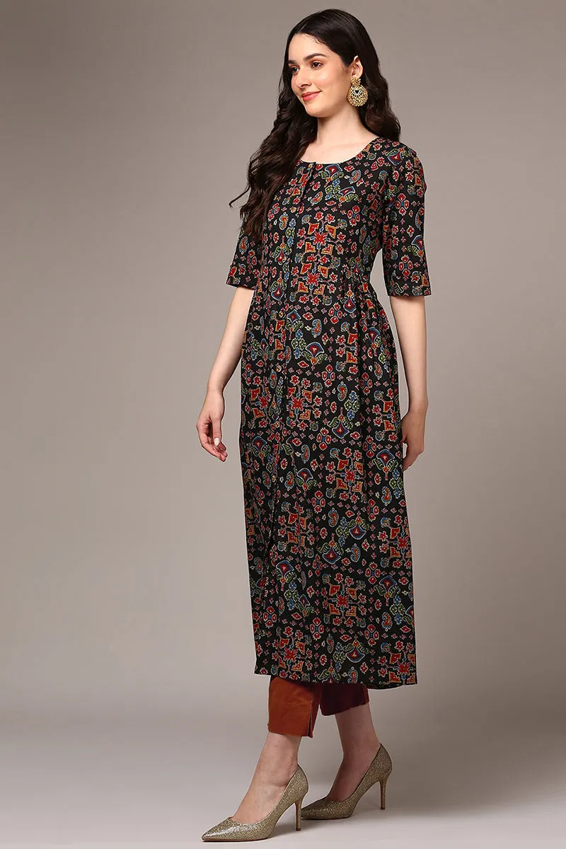 Black Cotton Ikat Printed Flared Kurta