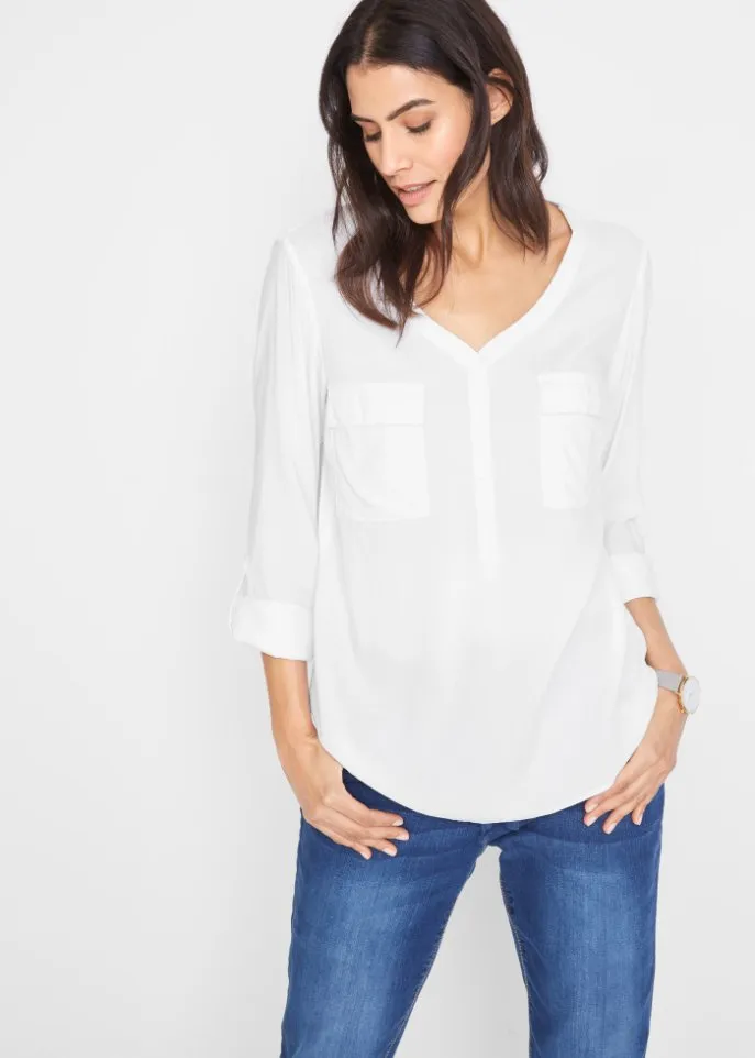 Blouse with v-neck and long sleeves Bpc Bonprix Collection, white