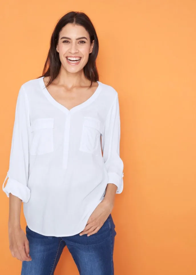 Blouse with v-neck and long sleeves Bpc Bonprix Collection, white