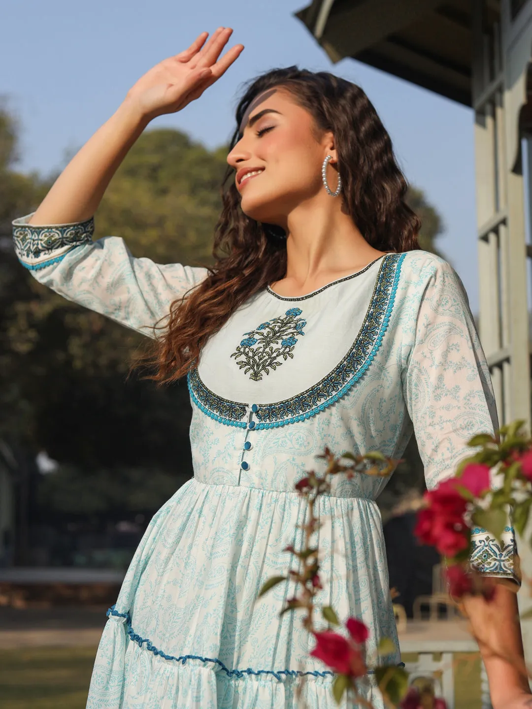 Blue Cotton Printed  With Embroidery Flared Dress