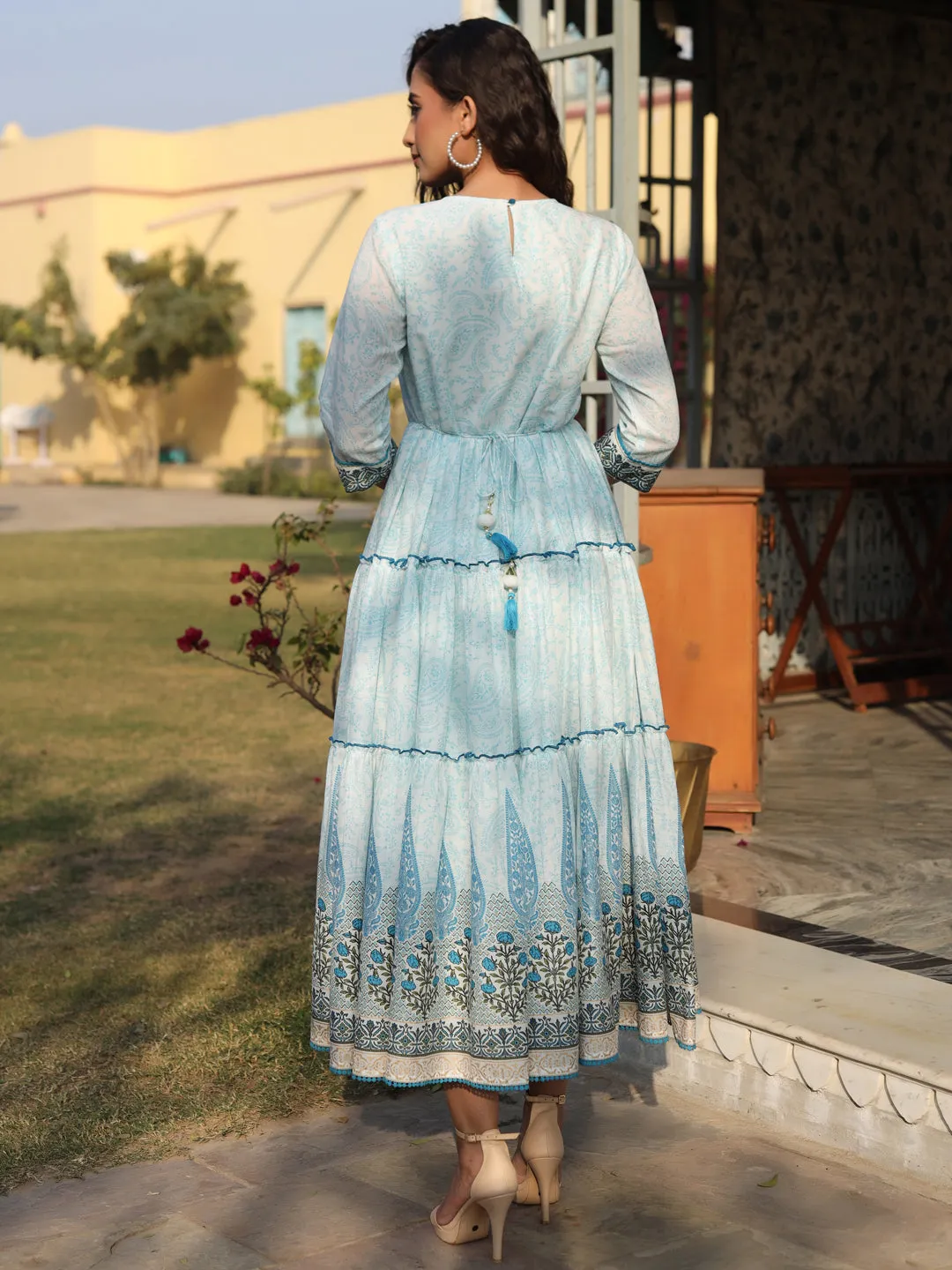 Blue Cotton Printed  With Embroidery Flared Dress