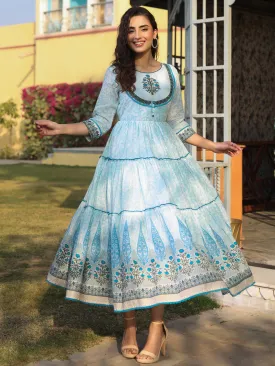 Blue Cotton Printed  With Embroidery Flared Dress