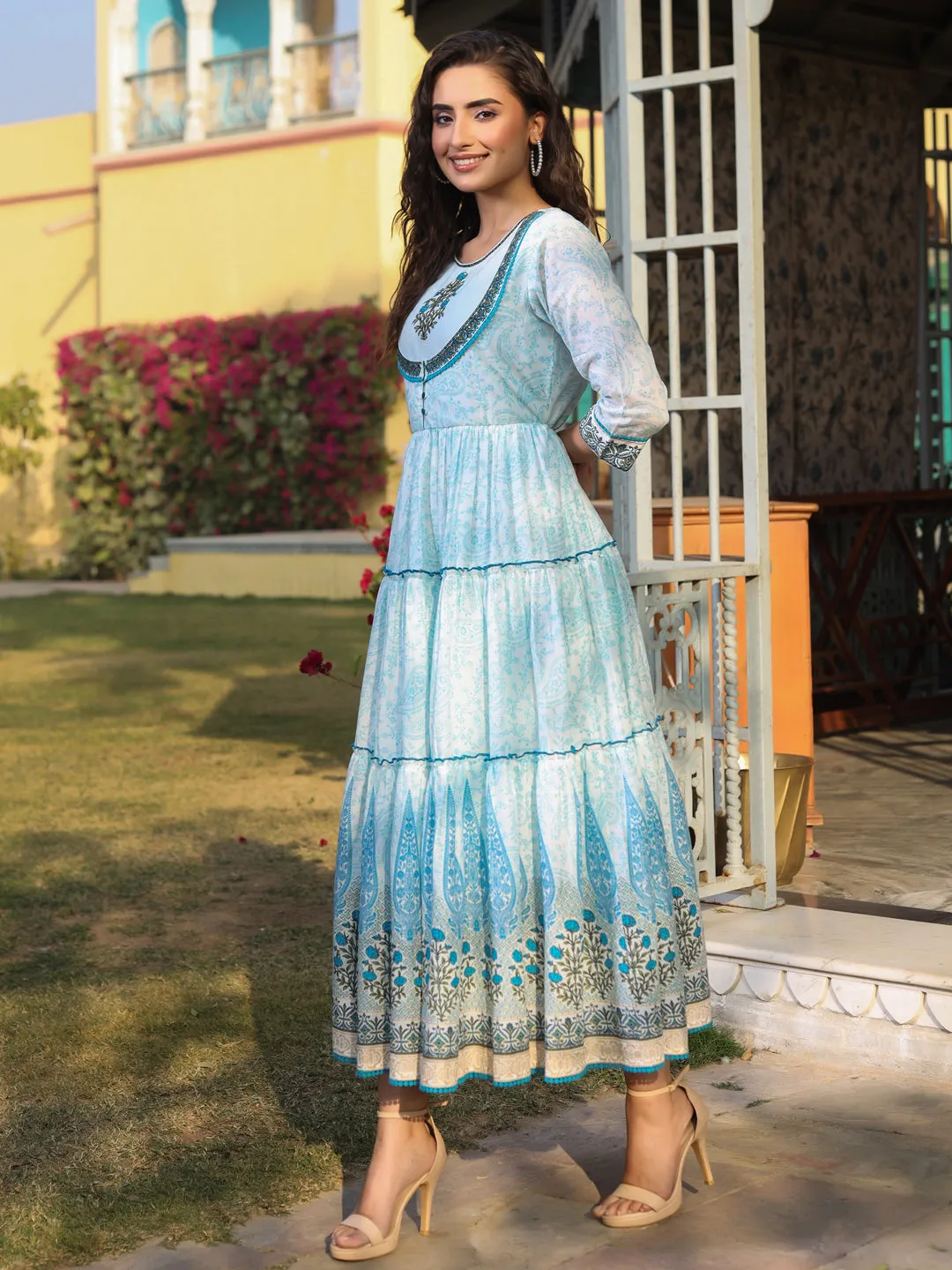 Blue Cotton Printed  With Embroidery Flared Dress