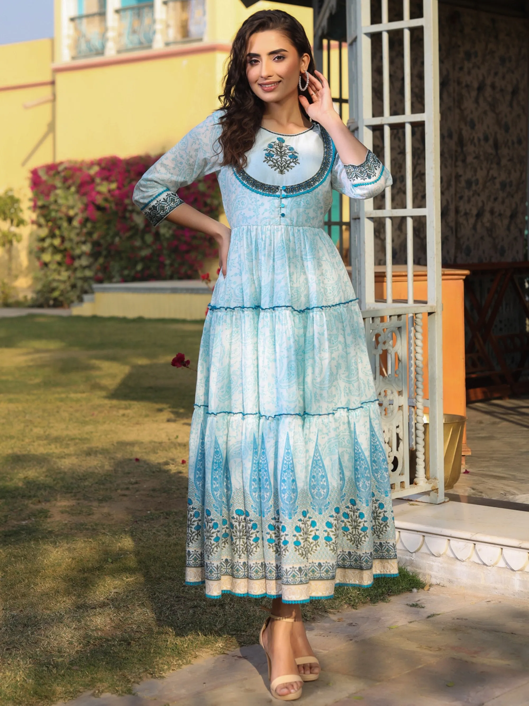 Blue Cotton Printed  With Embroidery Flared Dress