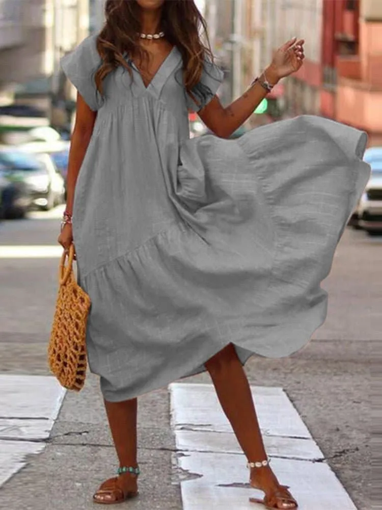 Bohemian Sundress with V-Neck and Loose Silhouette - 100% Cotton, Mid-Calf Length