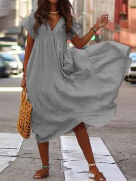 Bohemian Sundress with V-Neck and Loose Silhouette - 100% Cotton, Mid-Calf Length