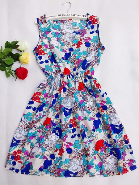 CDJLFH Brand Blue stars 20 Colors Fashion Women Sleeveless Florals Print Round Neck Dress 2016 Saias Femininas Summer Clothing