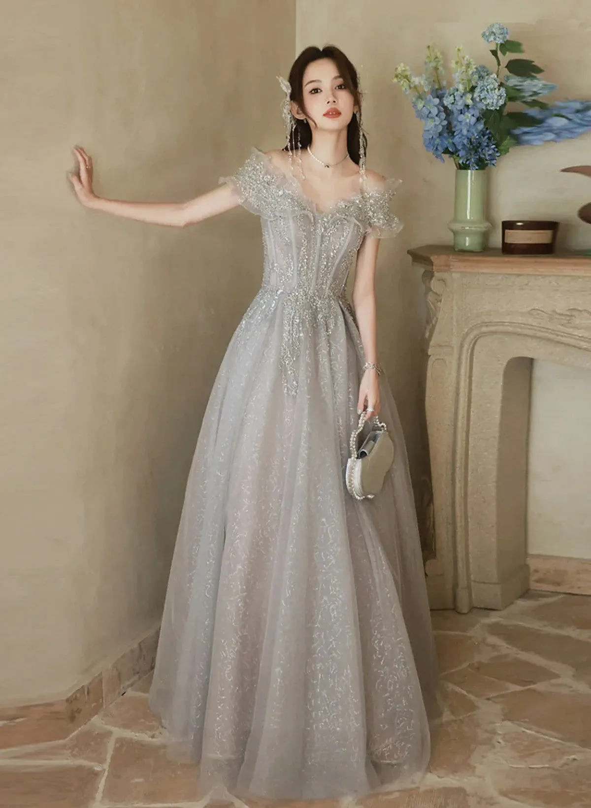 Cute A-line Light Grey Off Shoulder Shiny Tulle Prom Dress, Light Grey Party Dress