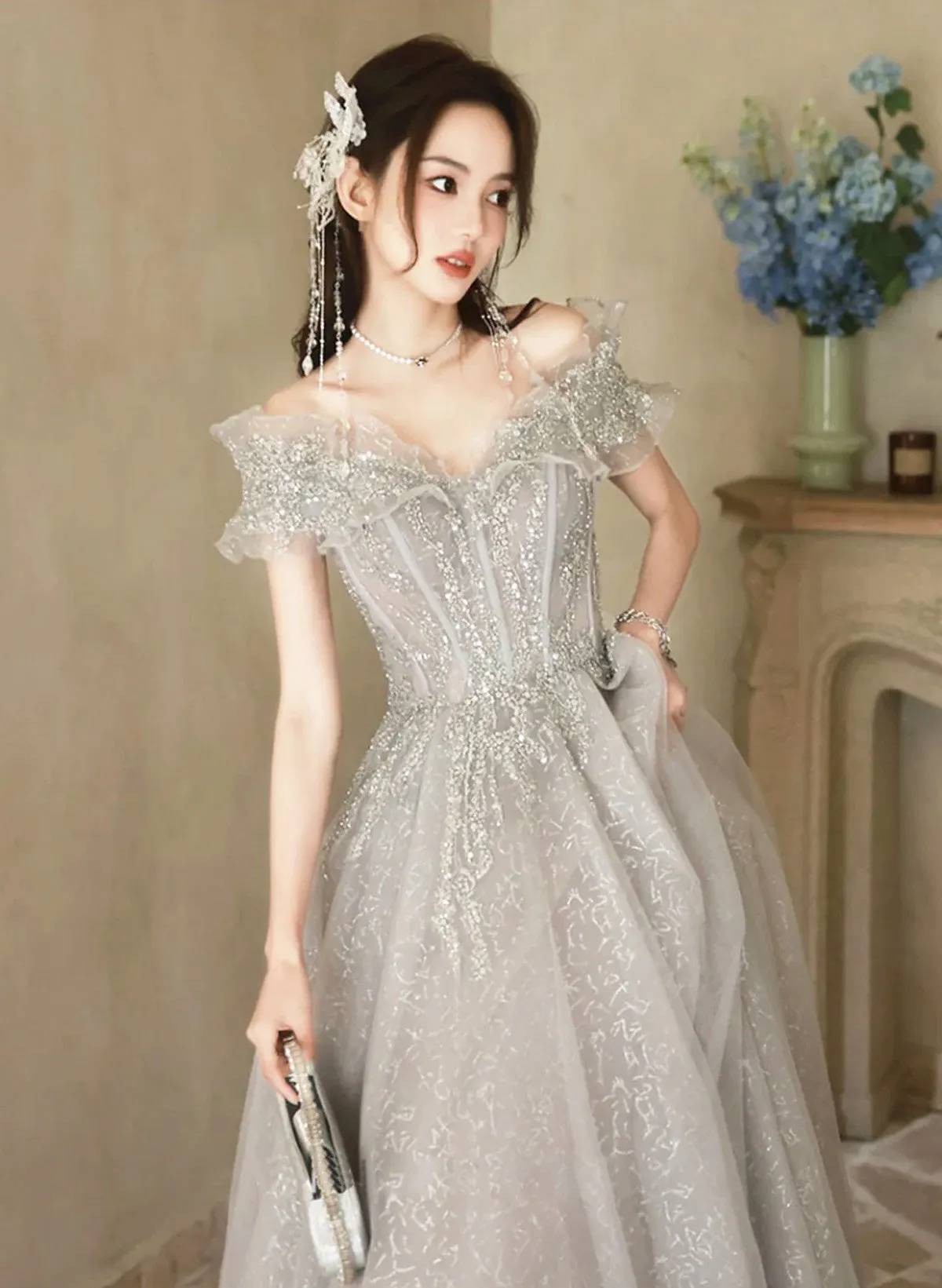 Cute A-line Light Grey Off Shoulder Shiny Tulle Prom Dress, Light Grey Party Dress