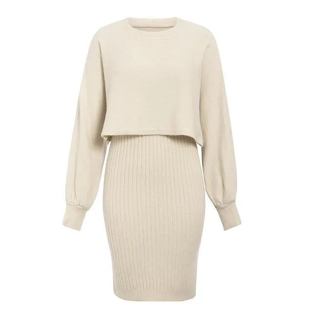 Elegant Two Pieces Knitted Solid Bodycon Sweater Winter Pullover Work Dress