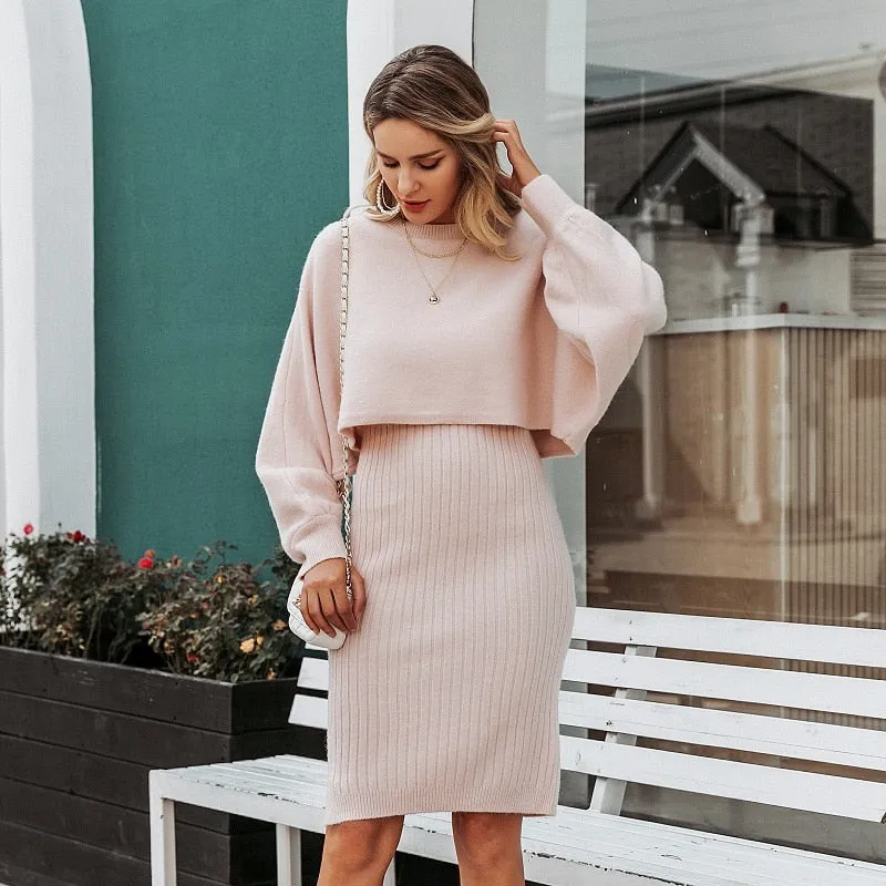 Elegant Two Pieces Knitted Solid Bodycon Sweater Winter Pullover Work Dress