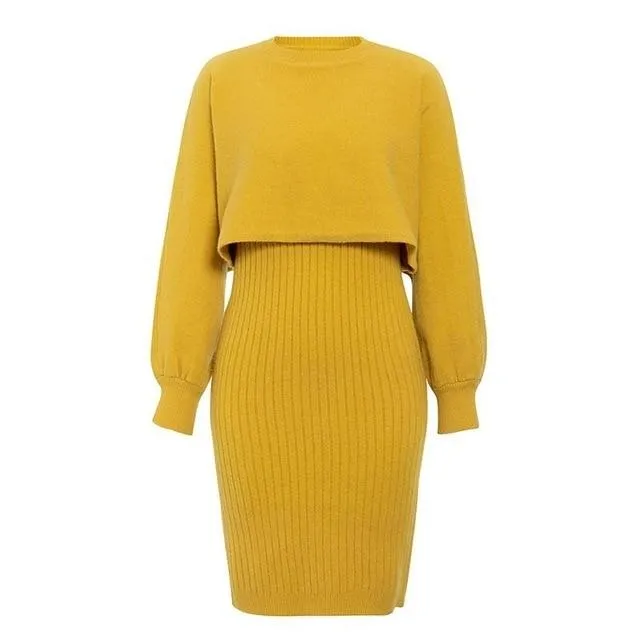 Elegant Two Pieces Knitted Solid Bodycon Sweater Winter Pullover Work Dress