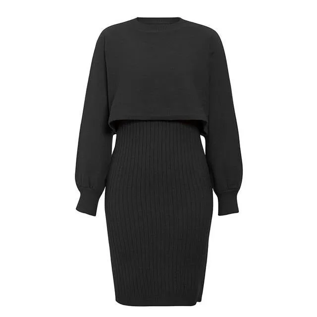 Elegant Two Pieces Knitted Solid Bodycon Sweater Winter Pullover Work Dress