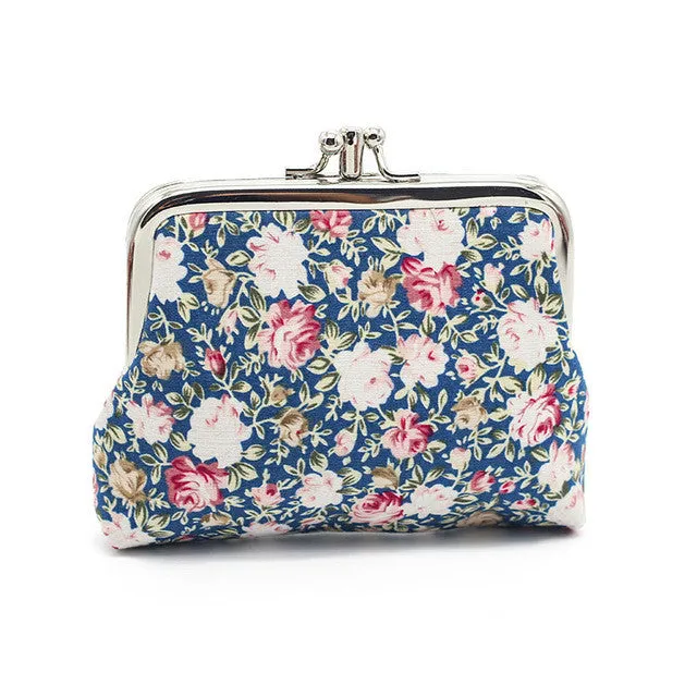 Fashion Women Coin Purse Cute Flower Printing Ladies Small Purse Coin Two Metal Button Pocket Coin Pouch Key Credit Card Holder