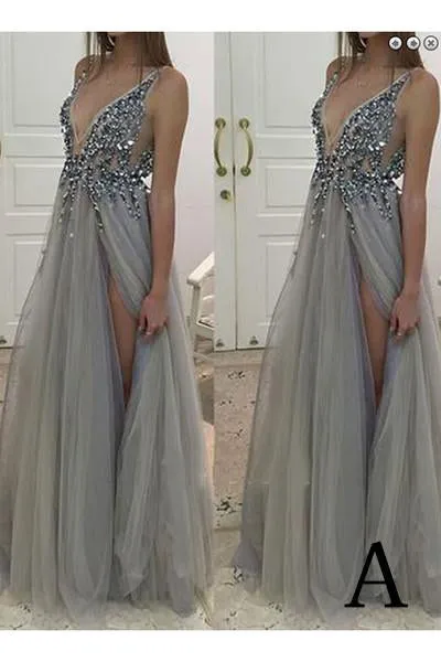 Gray Deep V-neck Side Slit Prom Dresses,Tulle Sleeveless Formal Dress With Sequins and Beads