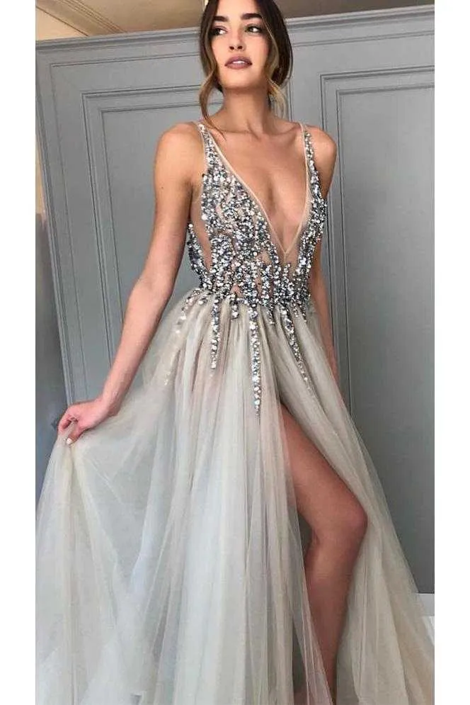 Gray Deep V-neck Side Slit Prom Dresses,Tulle Sleeveless Formal Dress With Sequins and Beads