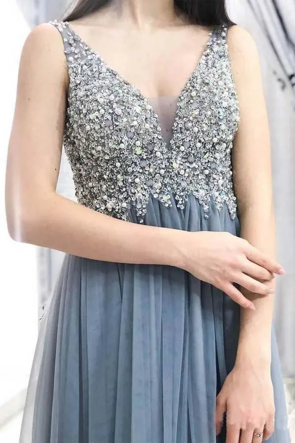 Grey Beaded Long Prom Dresses V Neck Tulle Long Evening Dress   PG890