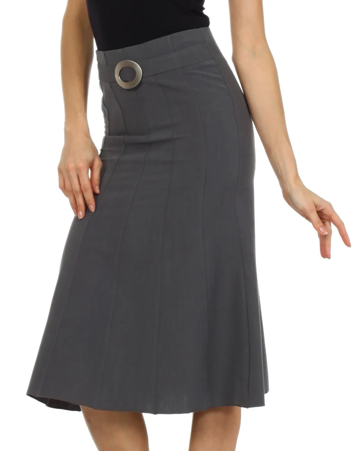 Knee Length Flared Skirt with Seaming and Belt Detail