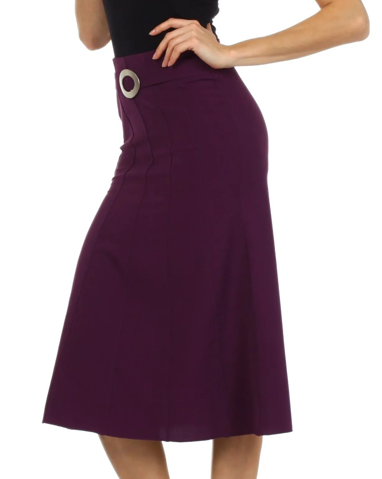 Knee Length Flared Skirt with Seaming and Belt Detail