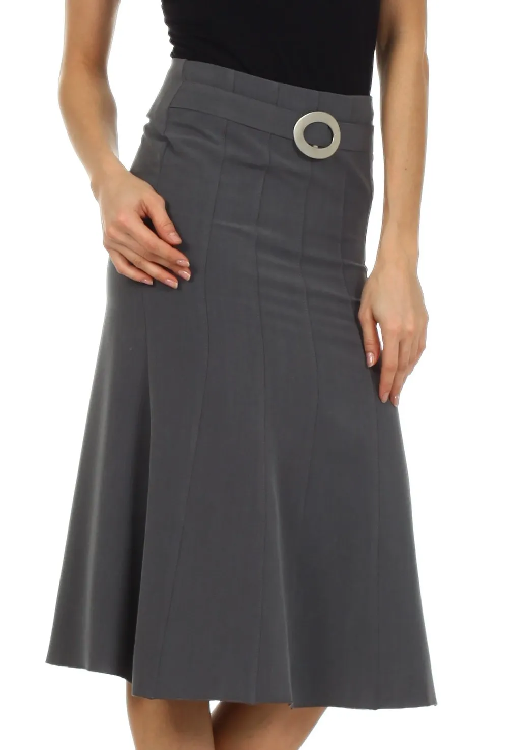 Knee Length Flared Skirt with Seaming and Belt Detail