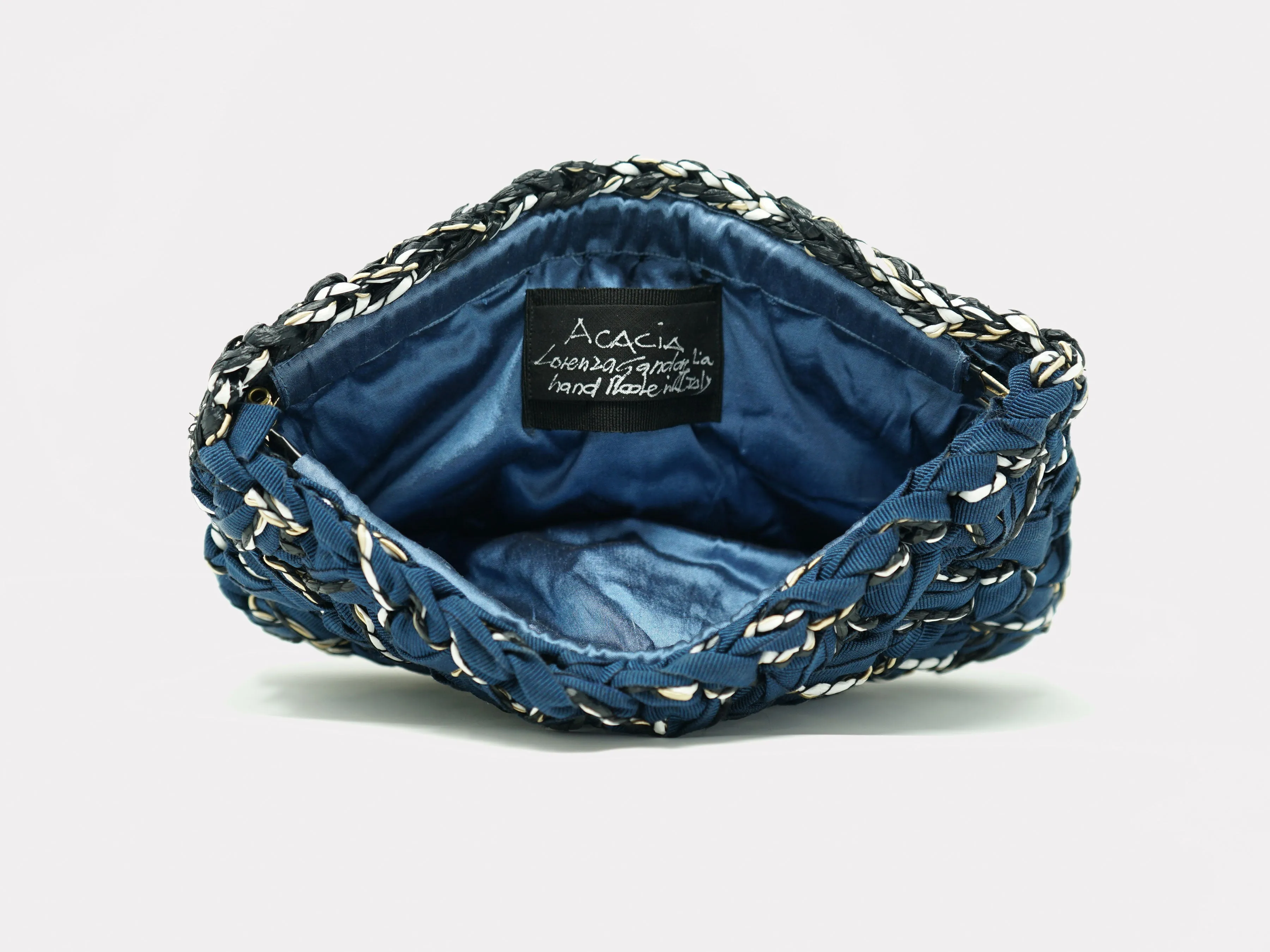 Lorenza Gandaglia Grosgrain Raffia Clutch Blue