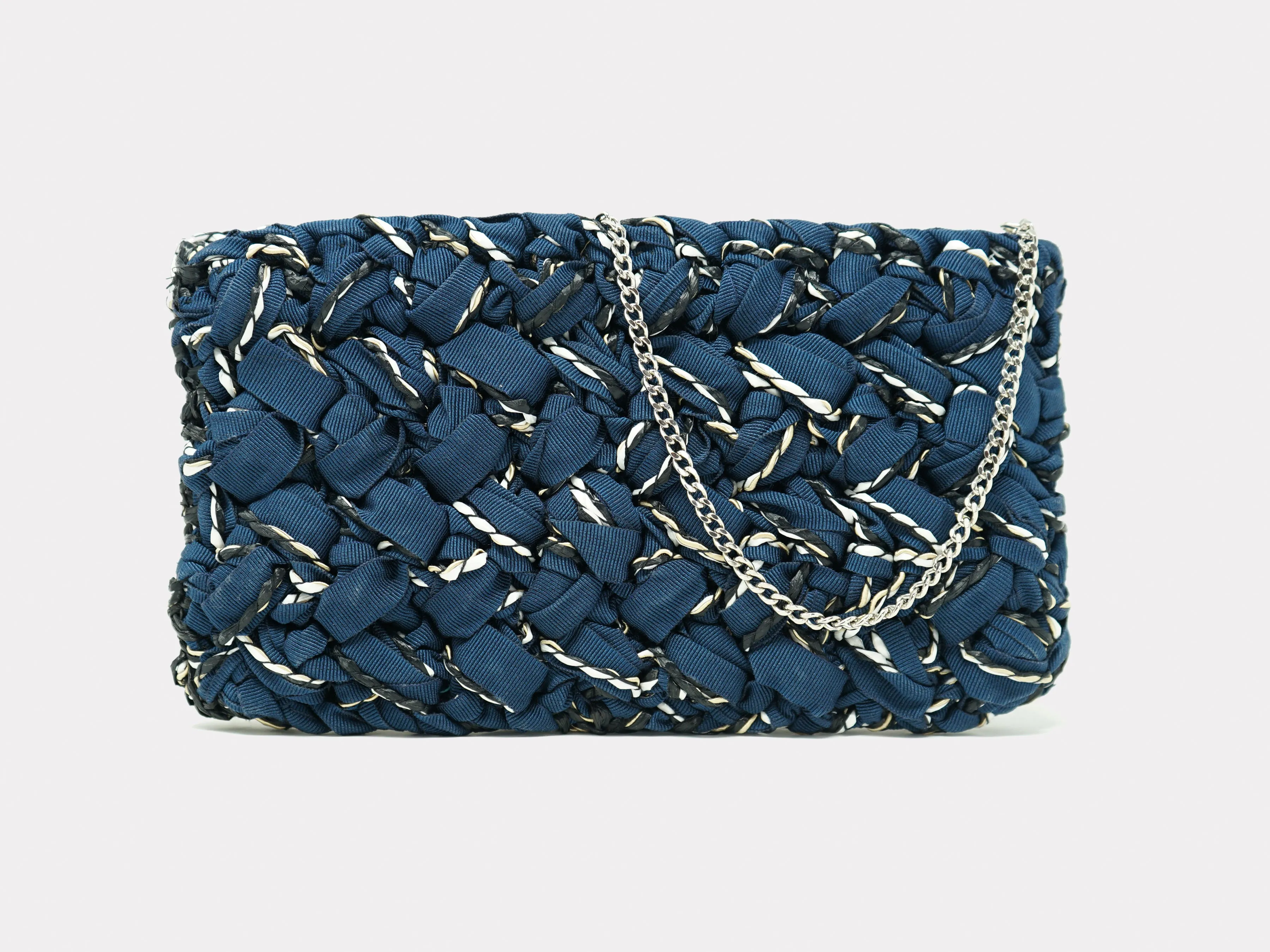 Lorenza Gandaglia Grosgrain Raffia Clutch Blue