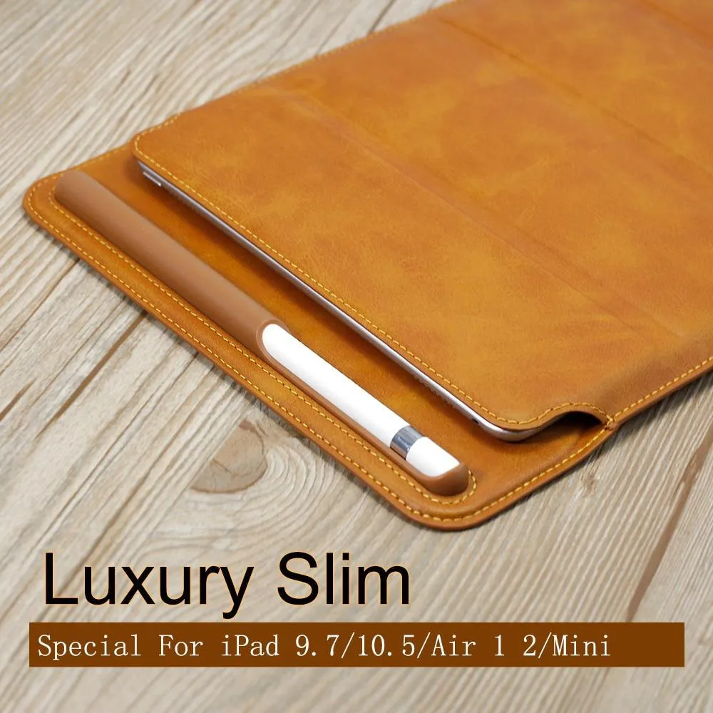 Luxury Leather Sleeve Case For iPad 2018 9.7 Pro 10.5 Air Mini, Retro Pouch Folding Bag with Pencil Holder Slot Cases