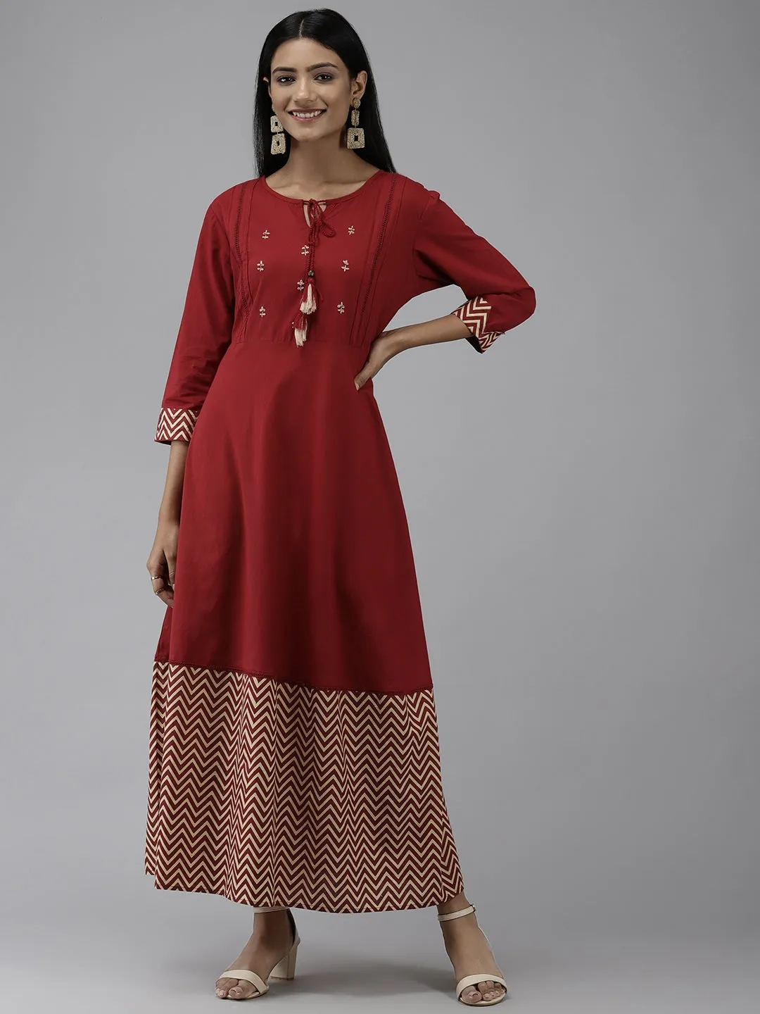 Maroon A-Line Solid Kurta