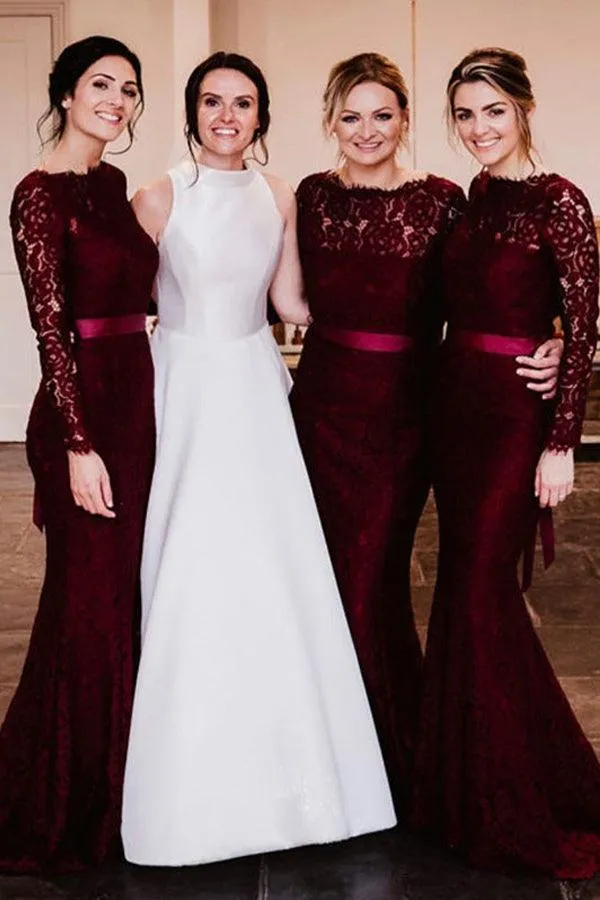 Mermaid Sweep Train Lace Long Sleeve Burgundy Bridesmaid Dresses  BD090