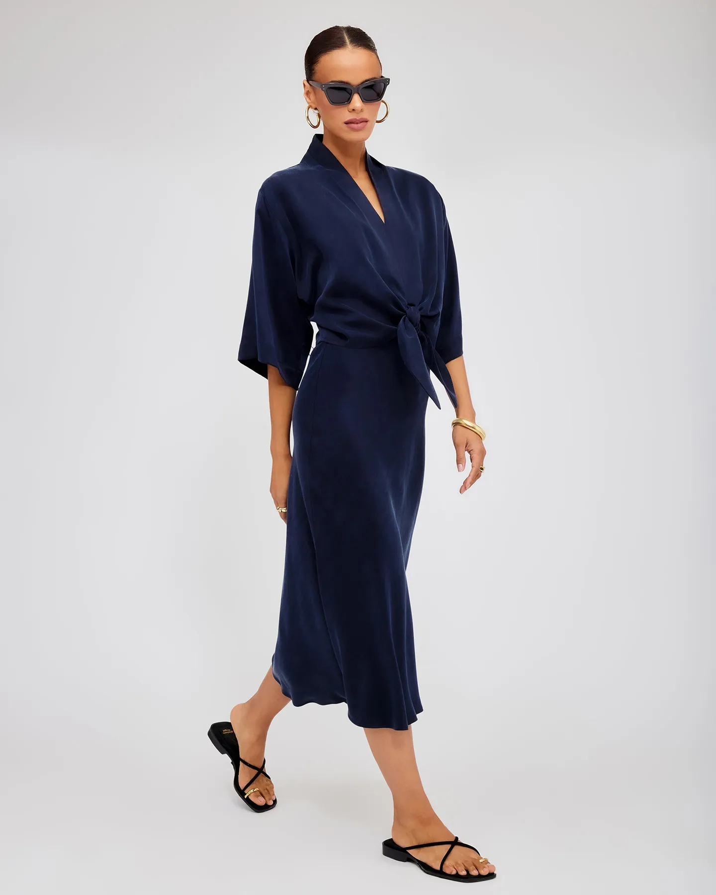 NAVY CUPRO BIAS CUT MIDI SKIRT