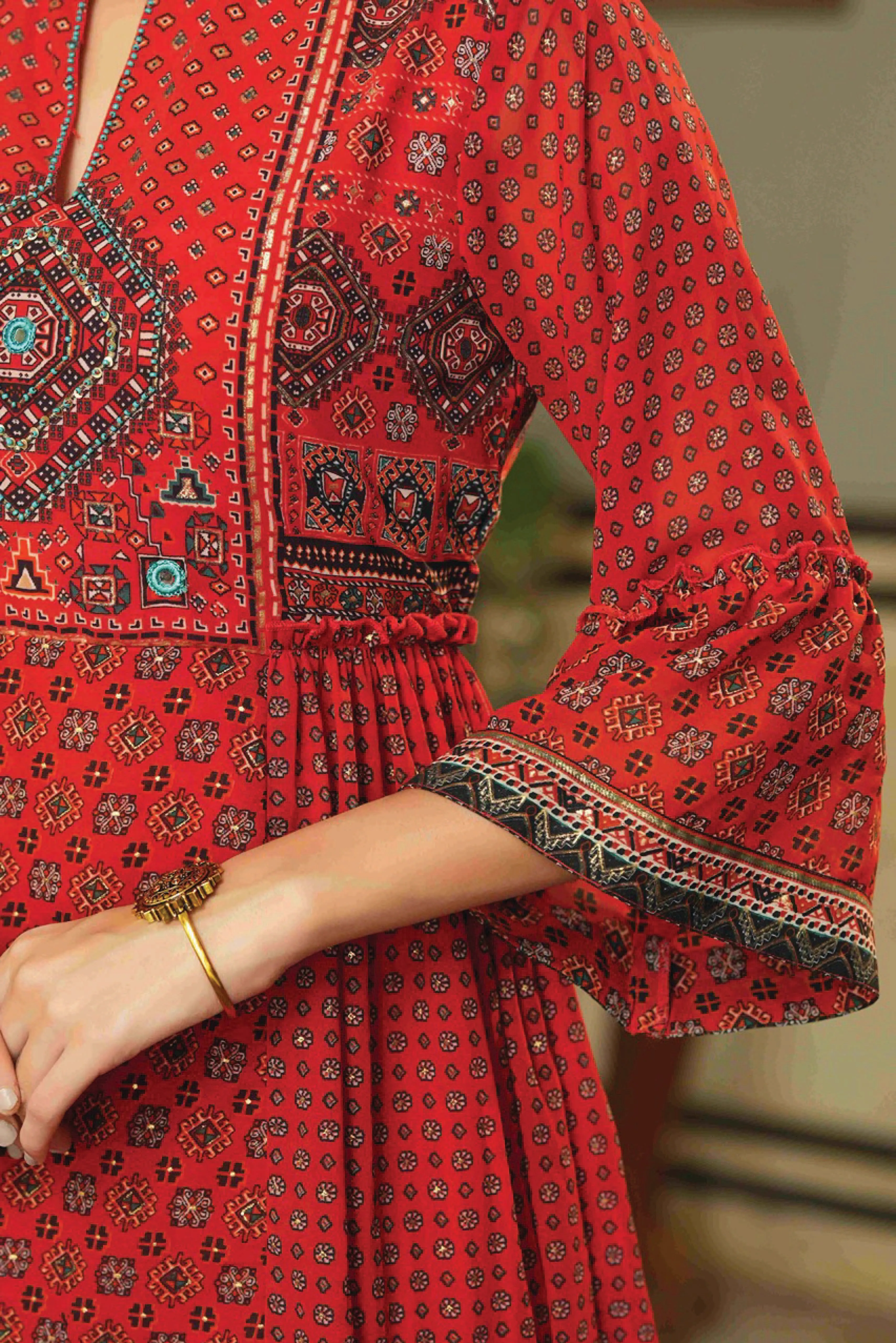 Red Georgette Printed Flared Dress