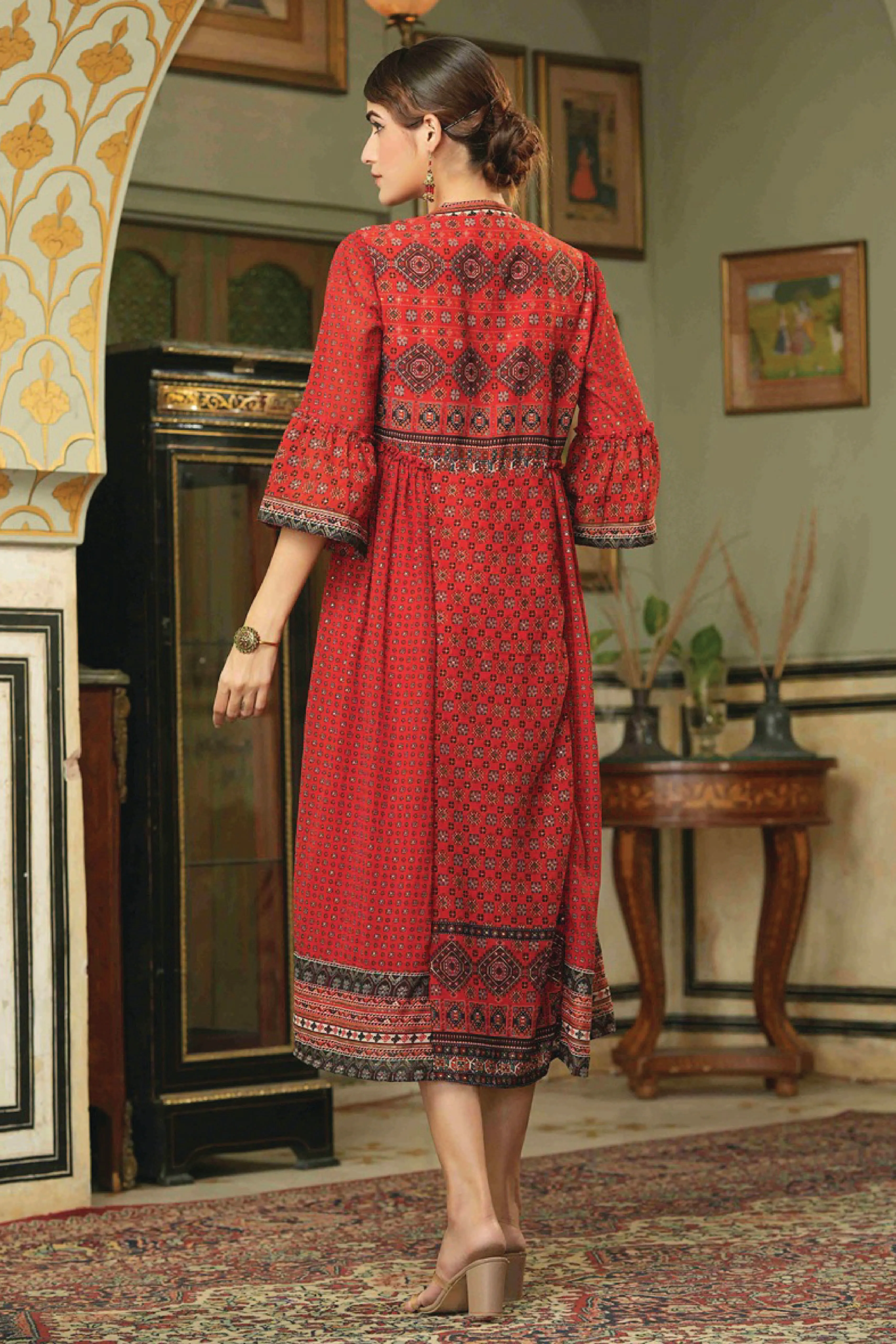 Red Georgette Printed Flared Dress