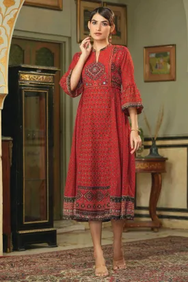 Red Georgette Printed Flared Dress