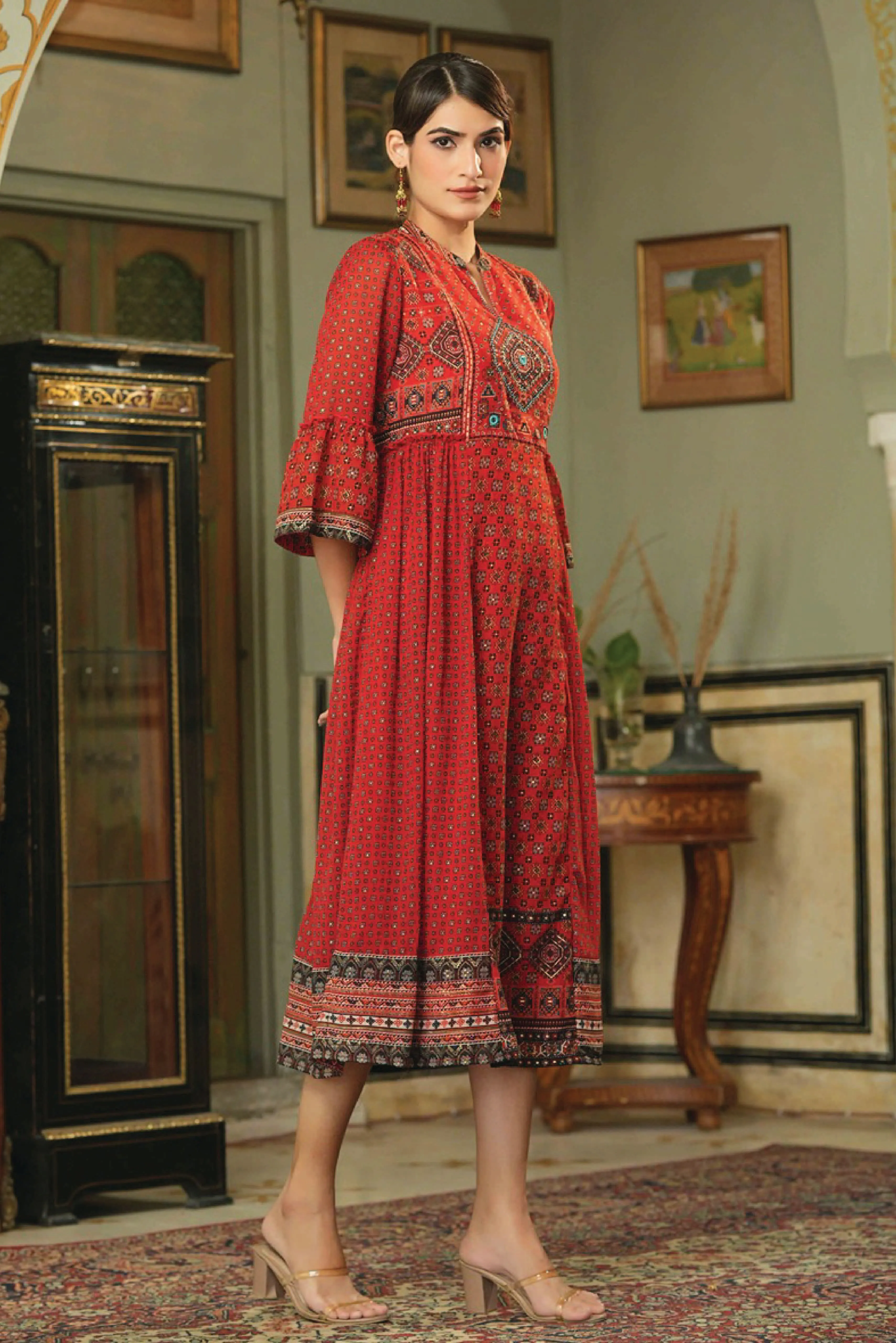 Red Georgette Printed Flared Dress