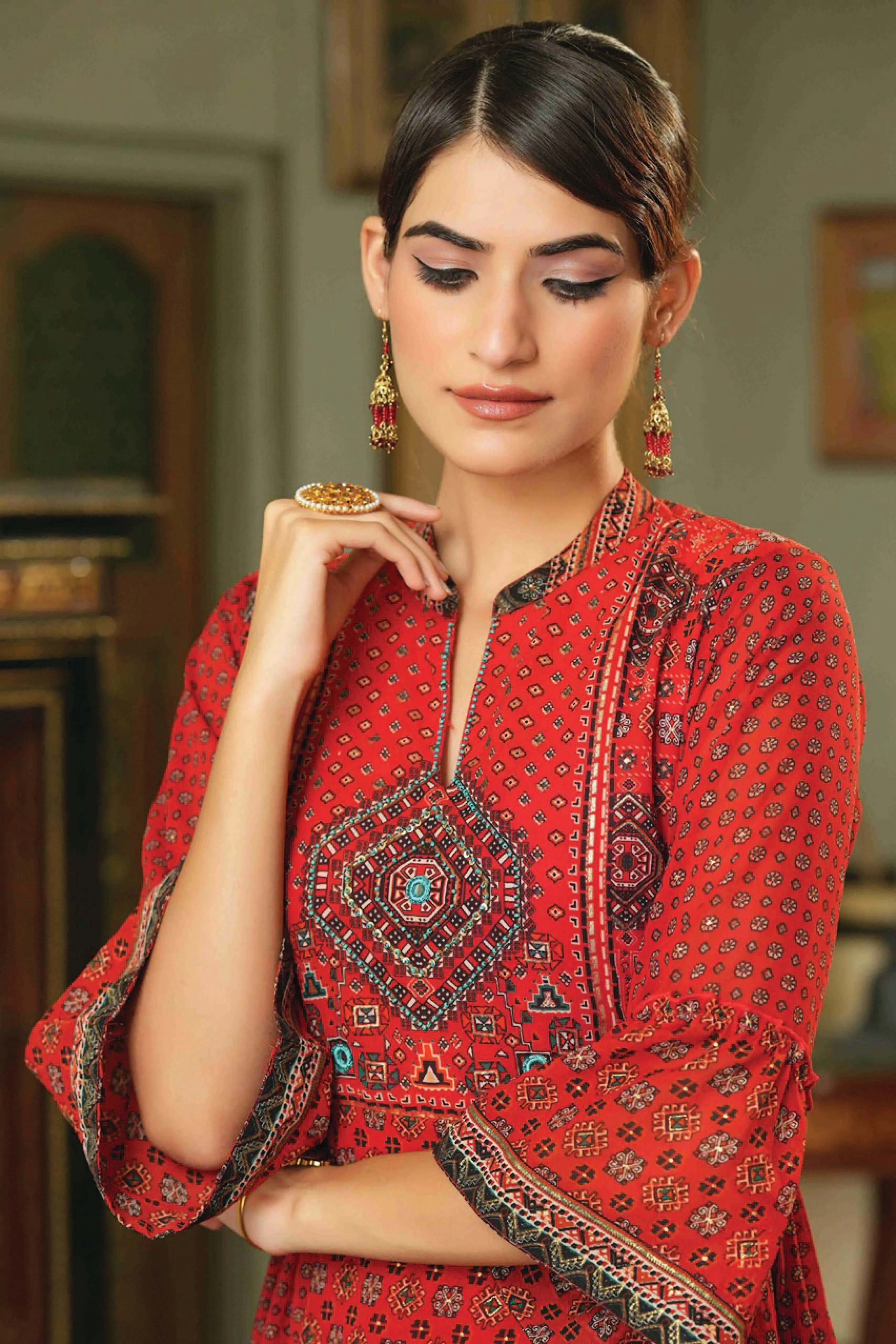 Red Georgette Printed Flared Dress